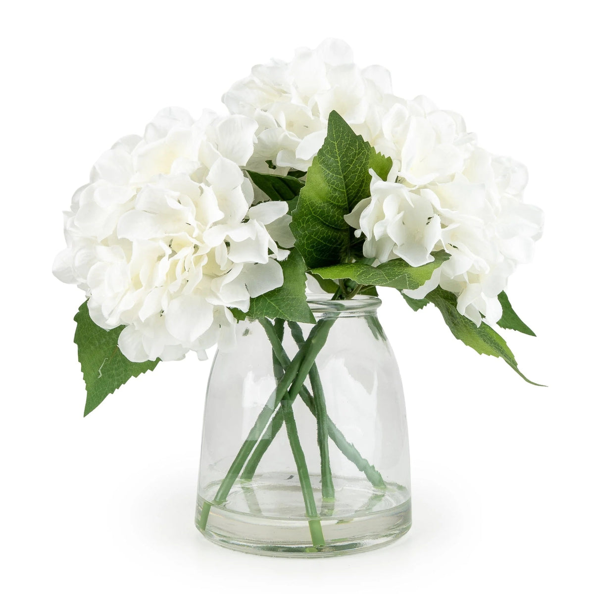 White Hydrangeas in Glass Vase – 27cm Hydrangea Flower Arrangement