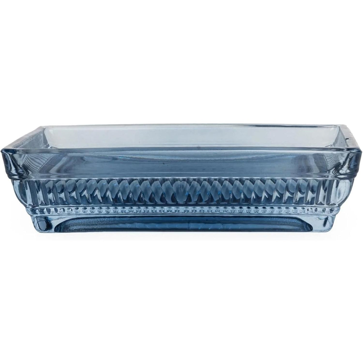 Rectangular soap dish from the Home Deco London Blue Glass Bathroom Accessories Set, designed with ribbed patterns. Perfect addition to your ribbed design bathroom accessories.