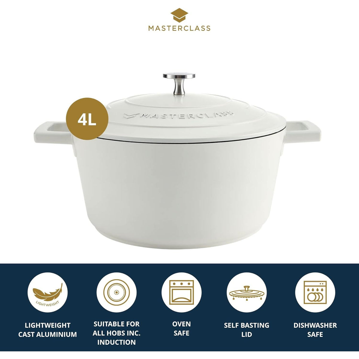 MasterClass Cast Aluminium Cream Casserole Dish, 24cm, 4 Litre, Gift Boxed