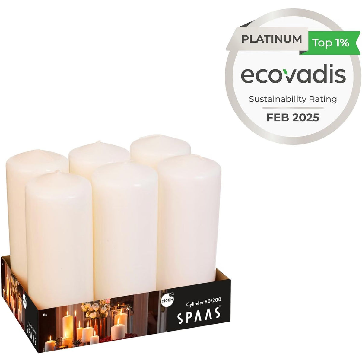 Spaas 6 Unscented Pillar Candle 80/200 mm, ±100 Hours, Ivory
