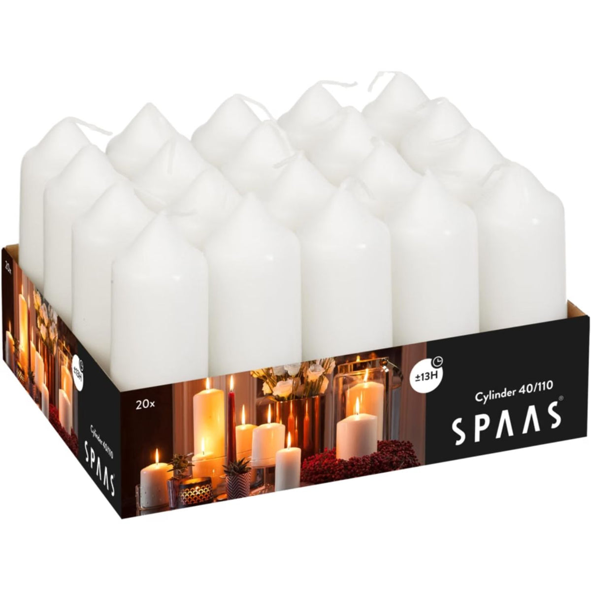 Spaas Tray of 20 Unscented Pillar Candles 40/110 mm, 13 Hours, White
