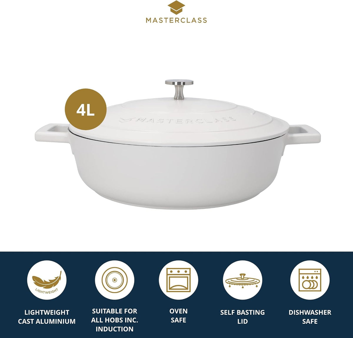 MasterClass Shallow Casserole Dish with Lid, Hob to Oven to Table Casserole Pan, Ultra Lightweight, Optimum Heat Conduction, 4L, Cream