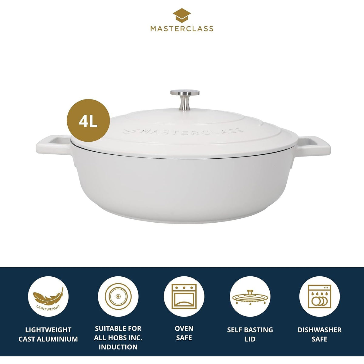 MasterClass Cream Cast Aluminium 4LT Casserole Dish Shallow
