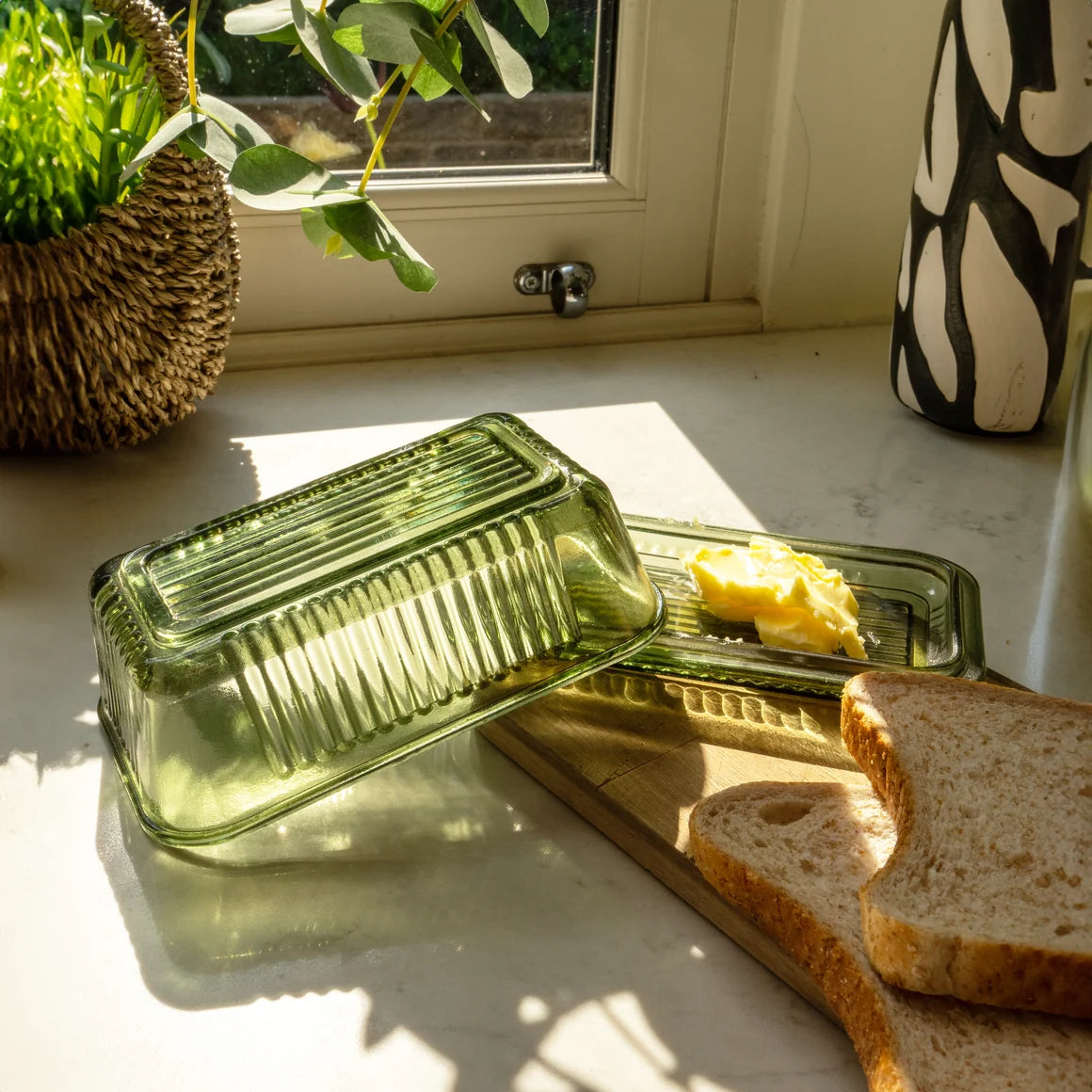 Vintage Ribbed Green Glass Butter Dish with Lid - Home Deco London