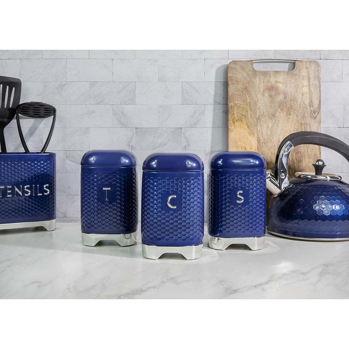 Lovello Storage Canisters for Tea Coffee and Sugar in Gift Box, Textured Hexagonal Finish, Steel, Midnight Navy