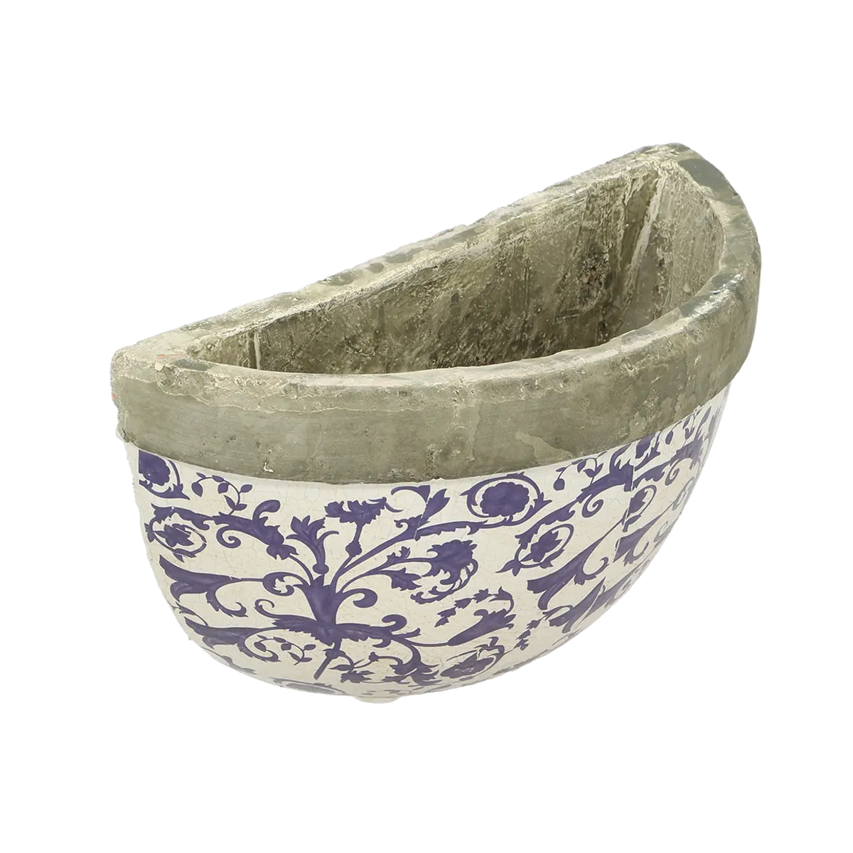 Aged ceramic wall planter styled with trailing plants, ideal for a contemporary look.