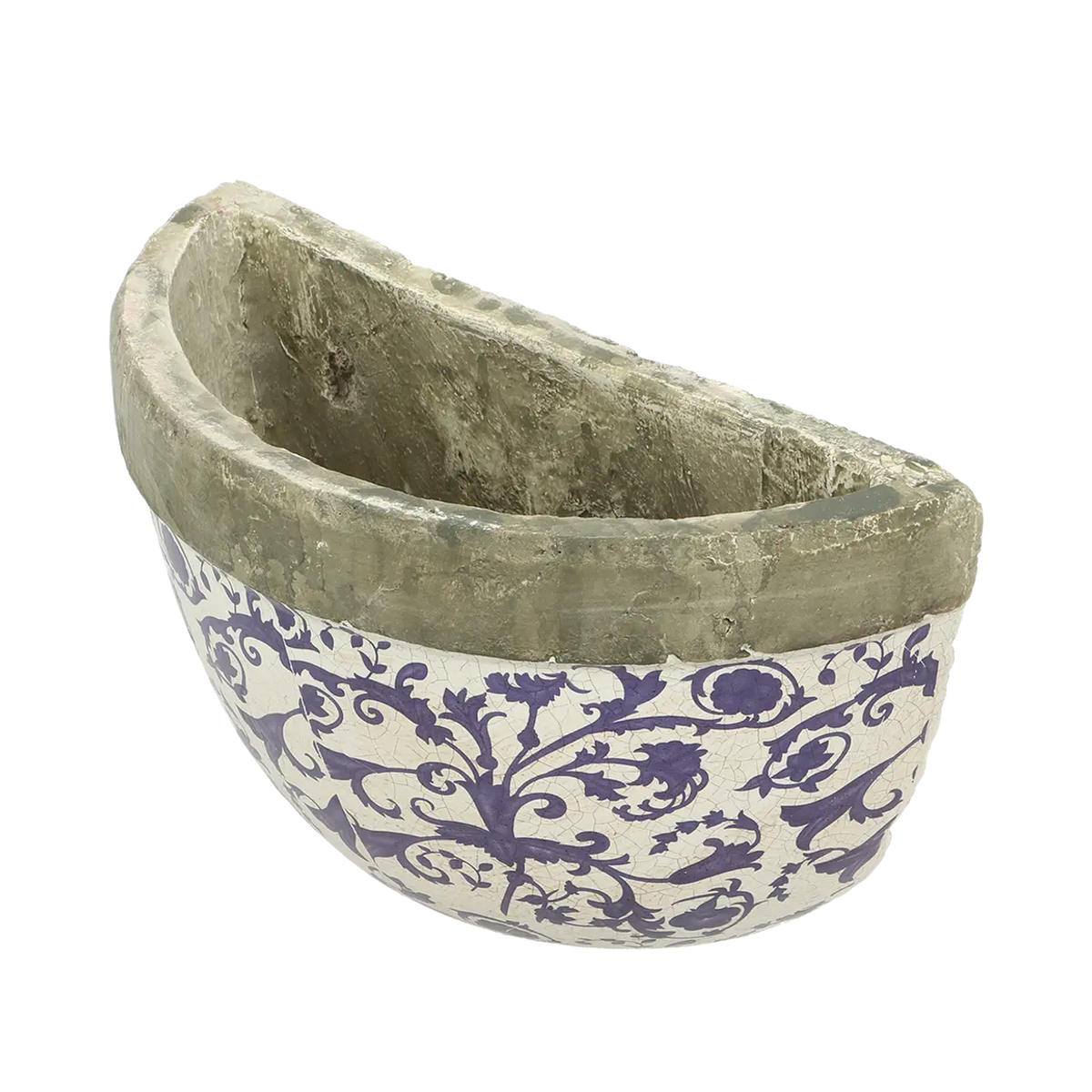 Stylish aged ceramic wall planter with dimensions displayed, perfect for small plants and herbs.