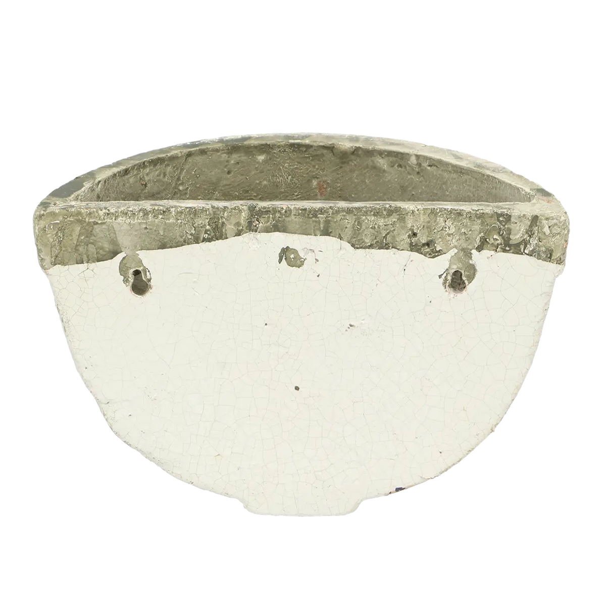 Beautifully arranged aged ceramic wall planter filled with flourishing flowers, adding charm to interiors.