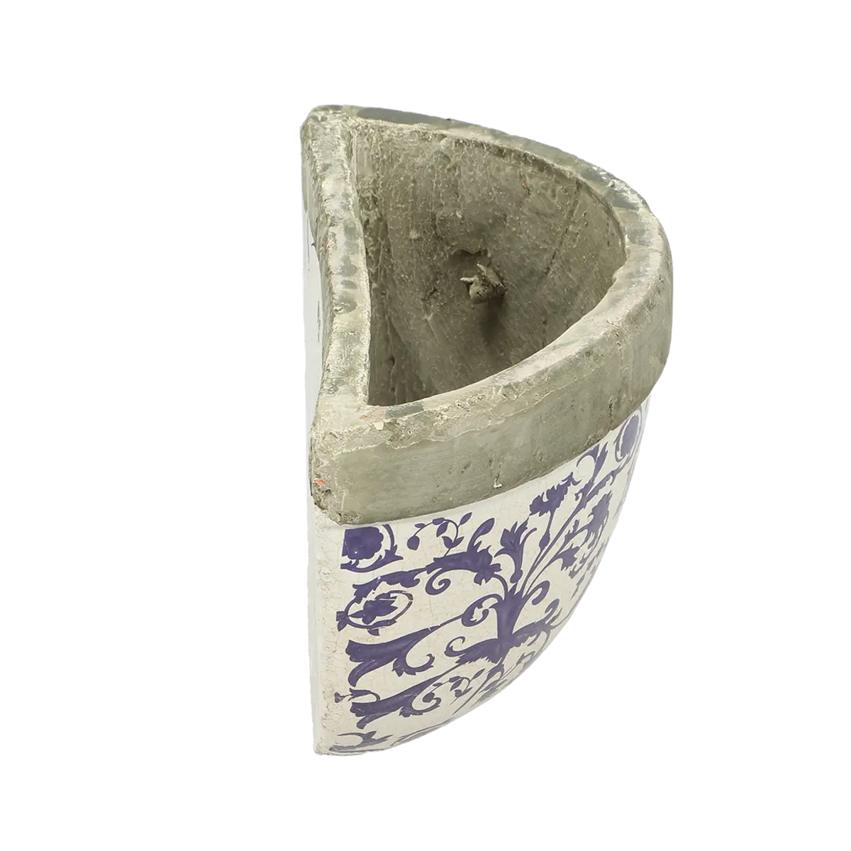 View from above of the aged ceramic wall planter, illustrating its bowl-like design for holding plants.