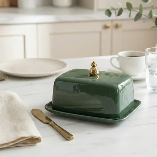Historic Royal Palaces Ceramic Butter Dish, Covered Butter Dish with Lid, Green