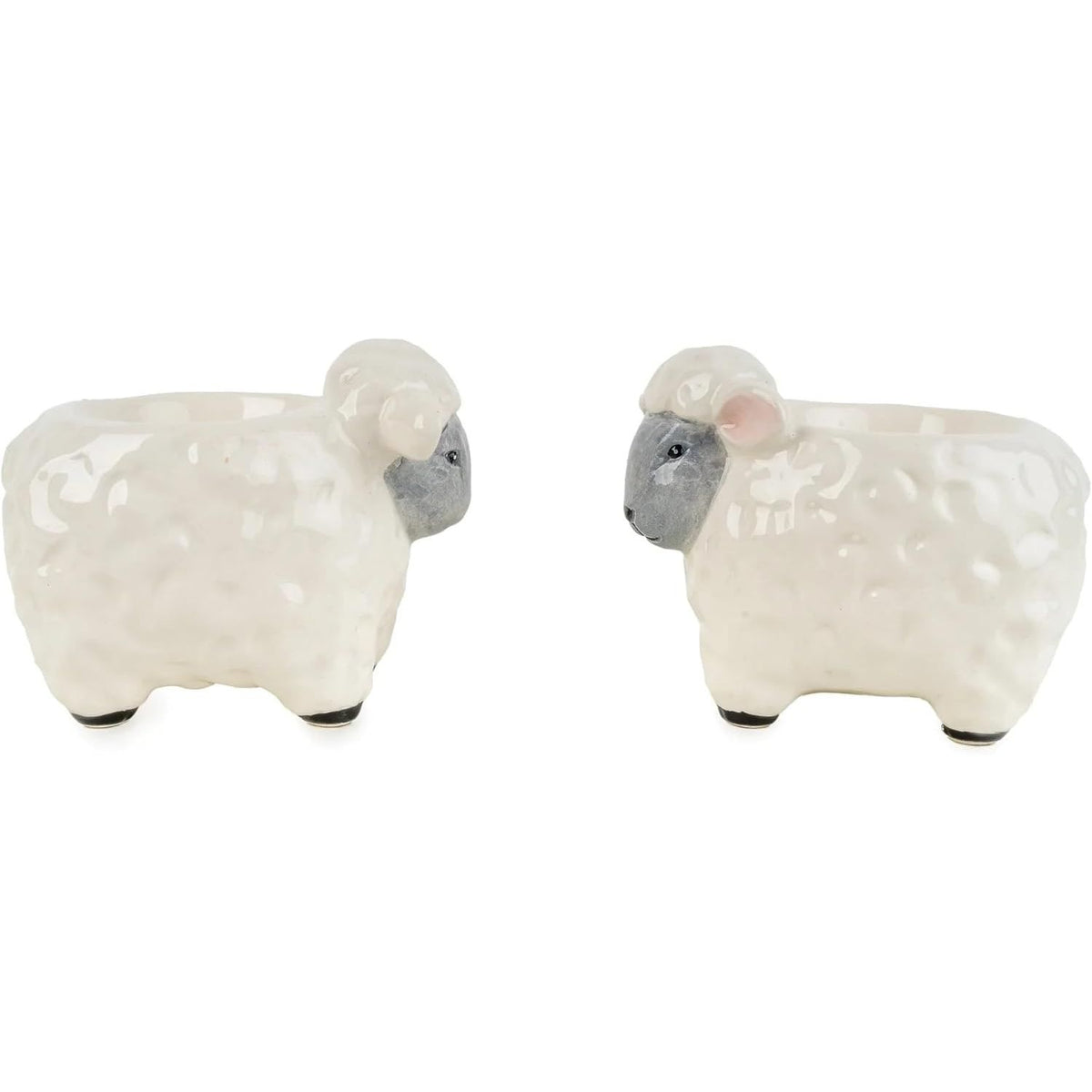 Dimensions of Julia Sheep Ceramic Set of 2 Egg Cups shown on countertop, demonstrating their compact size as ceramic sheep egg cups.