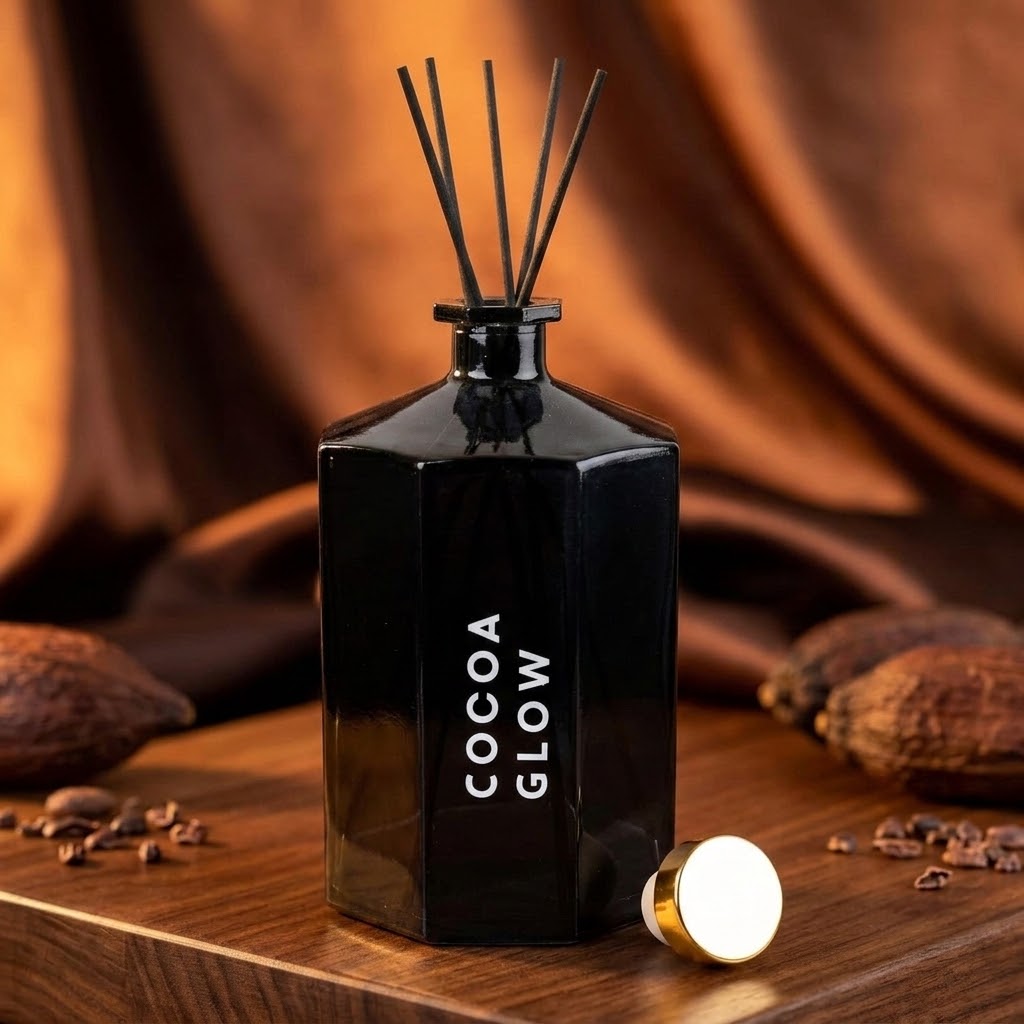 Cocoa Reed Diffuser Black Octagonal Glass Bottle 1000ml - Home Deco London