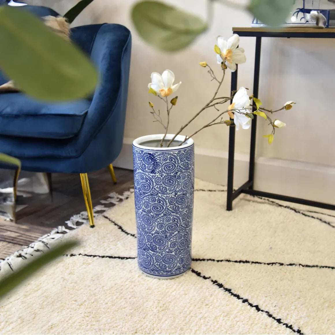 Sumatra Elegant 45cm Blue And White Cylinder Vase - Home Deco London