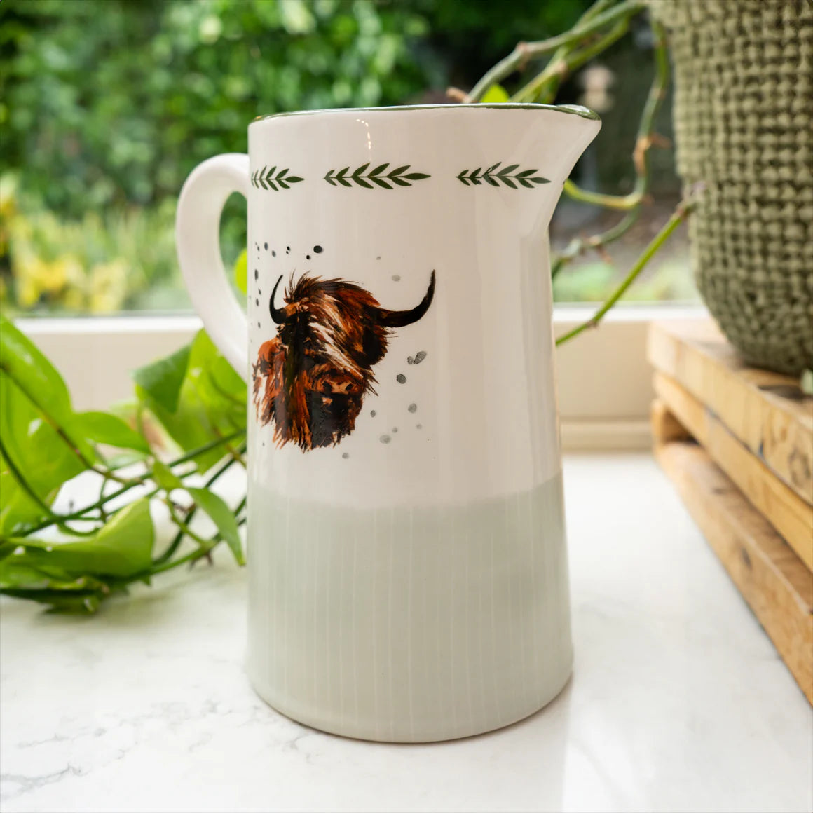 Dimensions of the Elegant Highland Cow Ceramic Jug displayed, measuring H 20.5cm x W 18cm x D 12.5cm, perfect for a highland cow jug addition to your kitchen.