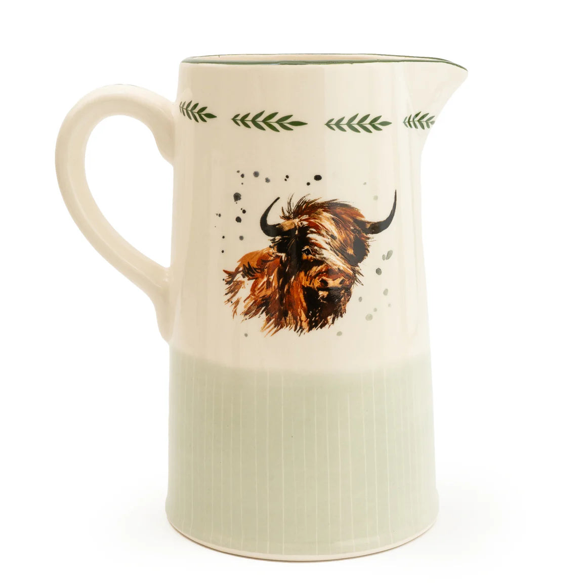 Close-up view of the Elegant Highland Cow Ceramic Jug, highlighting its durable ceramic construction with a highland cow jug print.