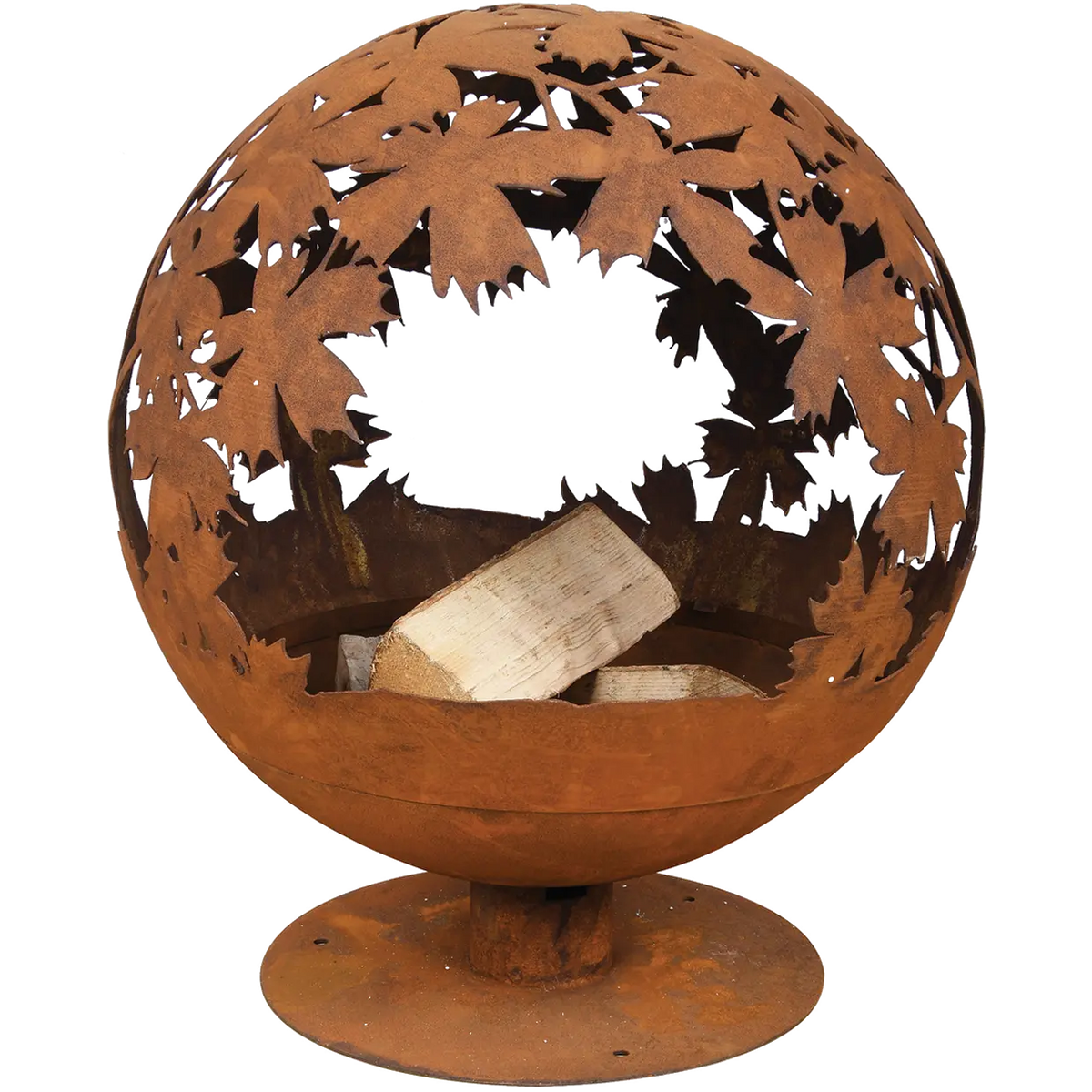 Wide view of the rust fire ball laser cut fire pit surrounded by stones; perfect for creating a warm atmosphere.