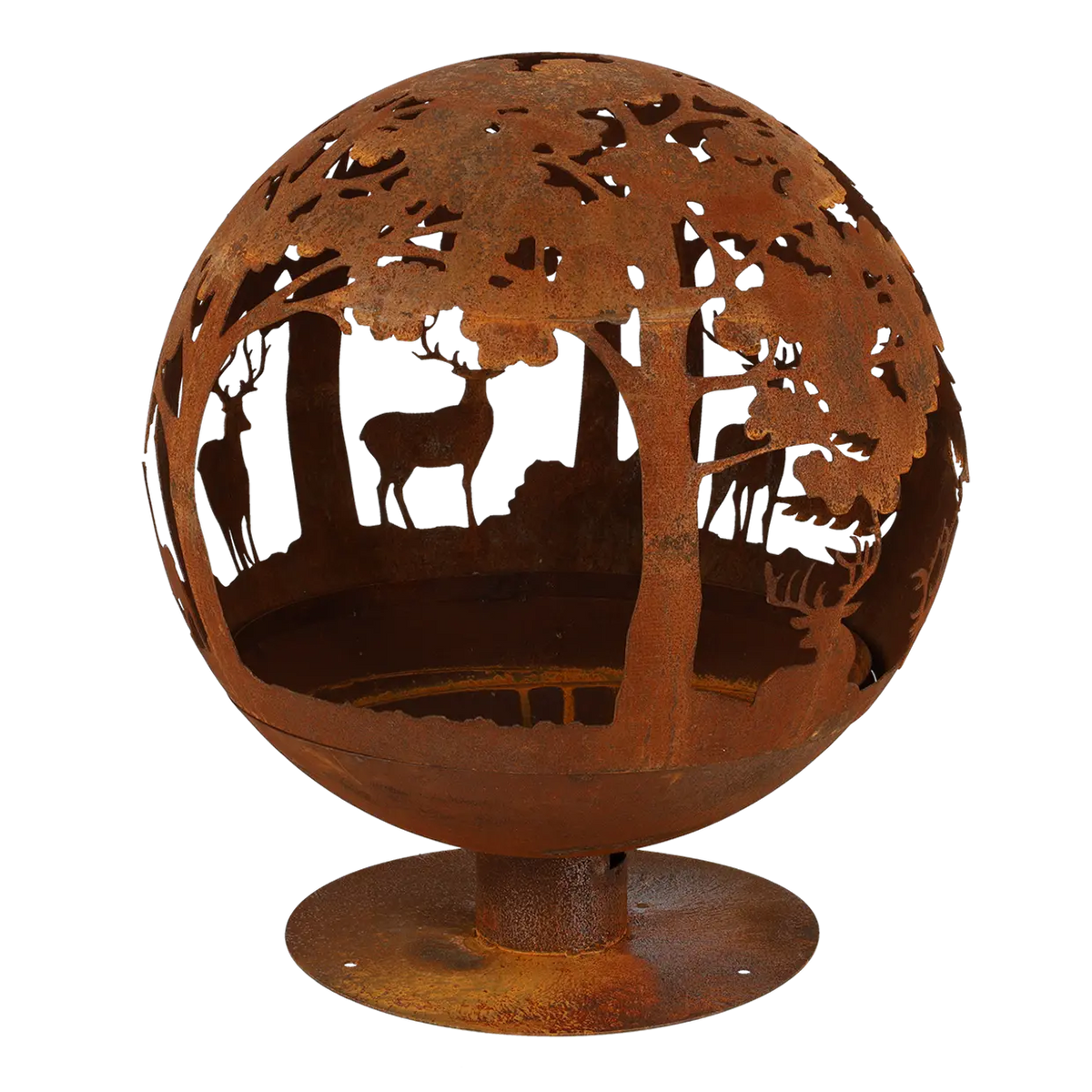 Close-up of fire ball laser cut rust woodland showcasing intricate details of this laser cut fire pit.