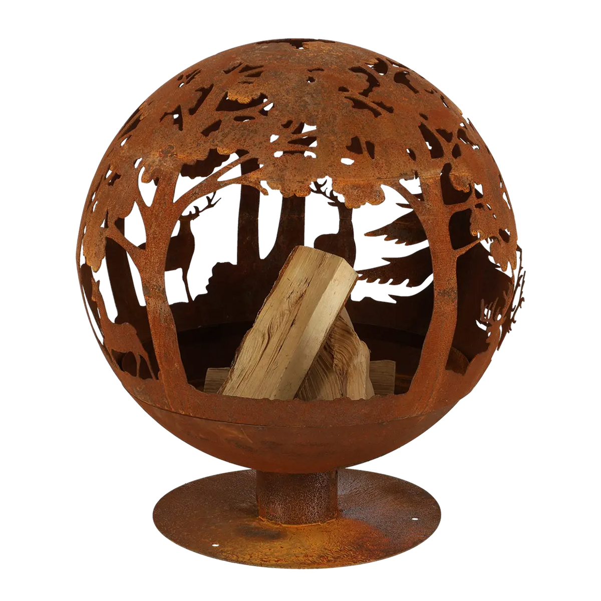 Fire ball laser cut rust woodland design showing a laser cut fire pit in a natural setting.