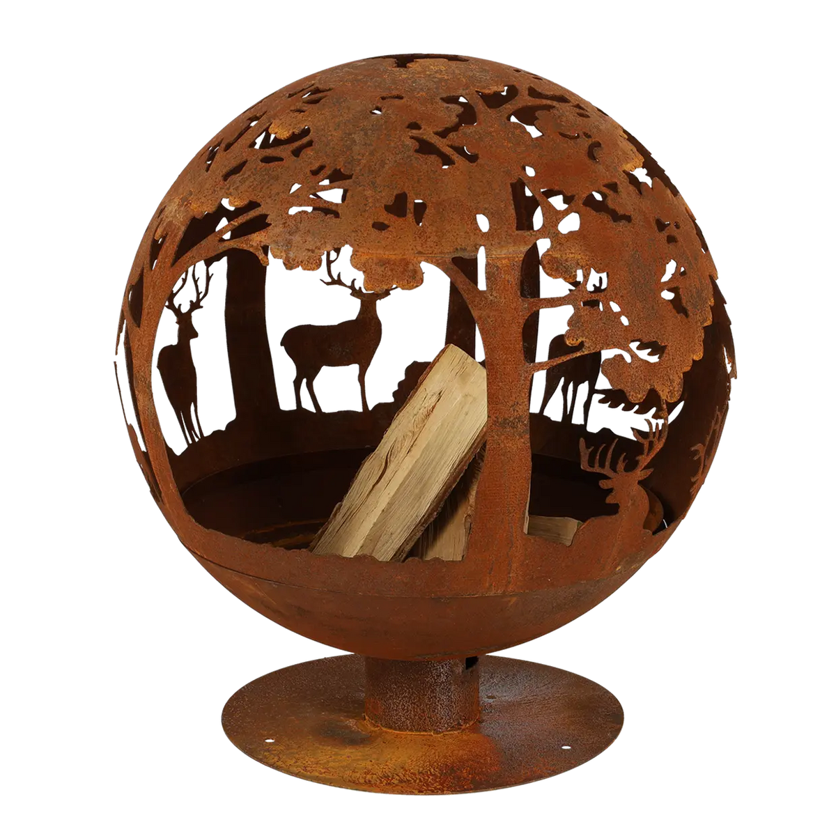 Fire ball laser cut rust woodland displayed in a backyard setting, emphasizing the laser cut fire pit's design.