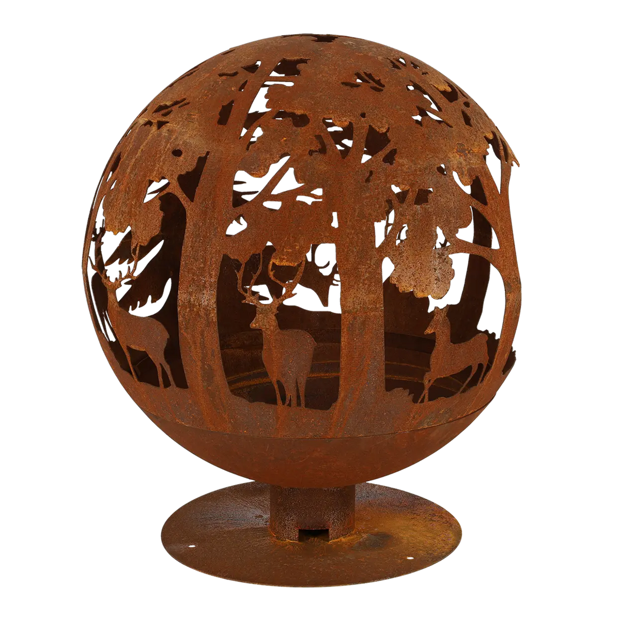 Aerial view of the fire ball laser cut rust woodland showcasing the unique laser cut fire pit pattern.