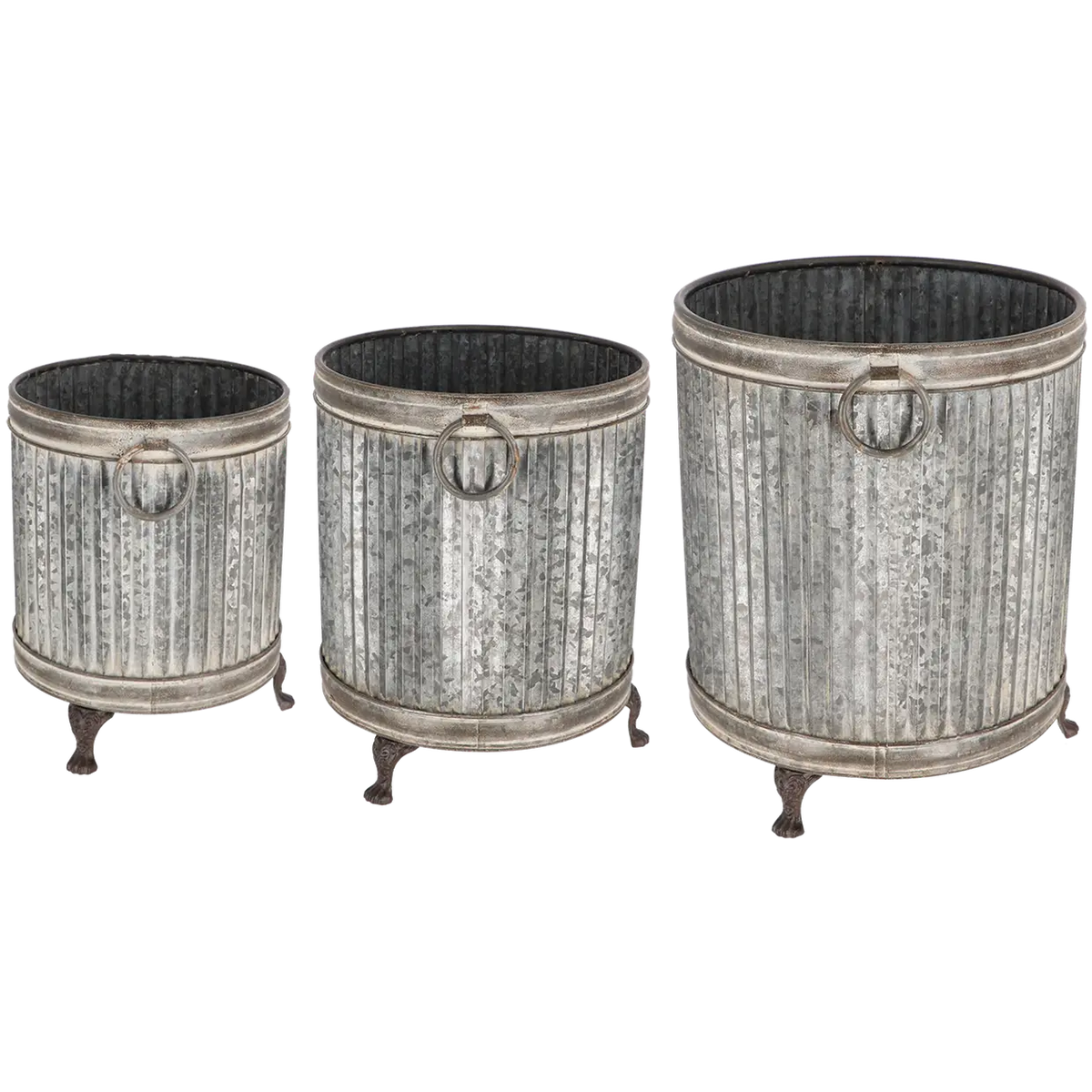 Footed planter round set of 3 ZINC featuring a classic ribbed design and sturdy lion’s paw legs, perfect for displaying flowers, herbs, and small shrubs. Ideal zinc footed planters for garden or balcony decor.