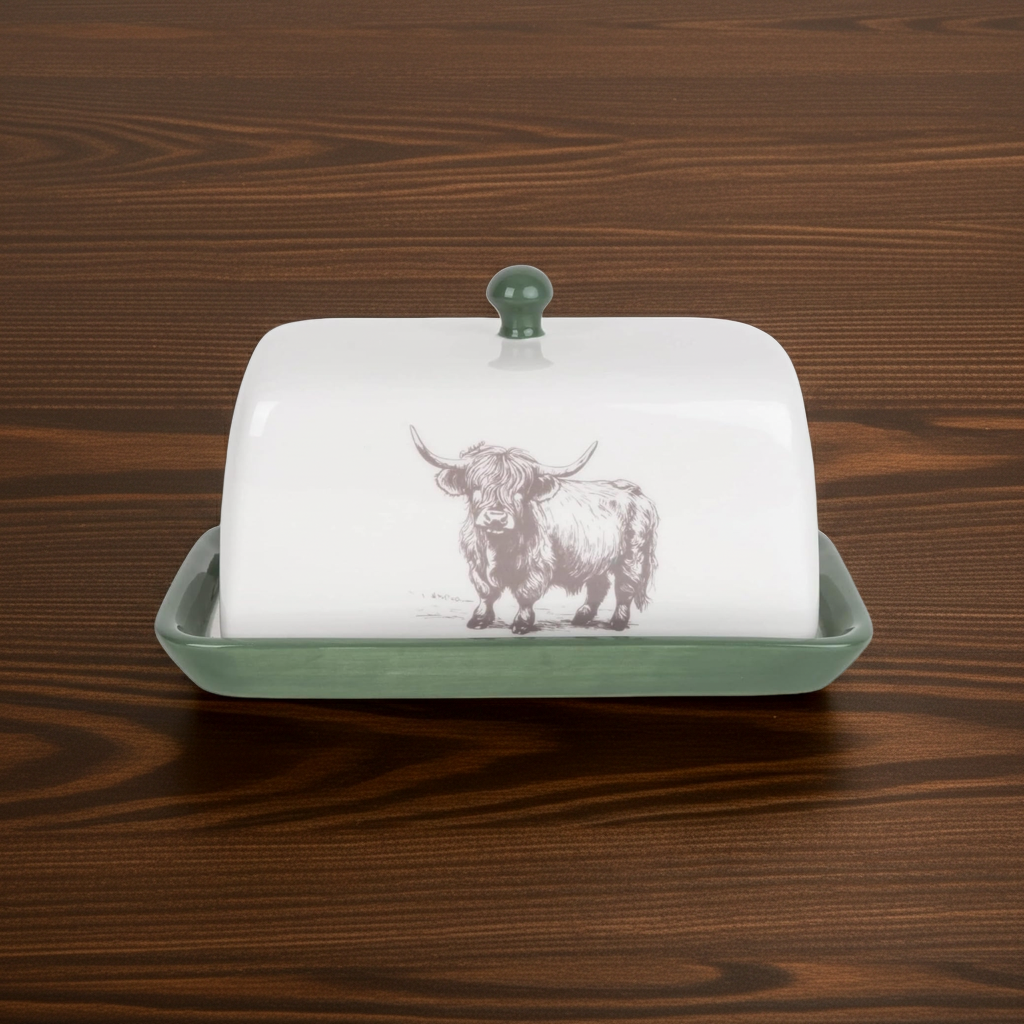 Highland Cow Ceramic Butter Dish with Lid Green Butter Dish - Home Deco London