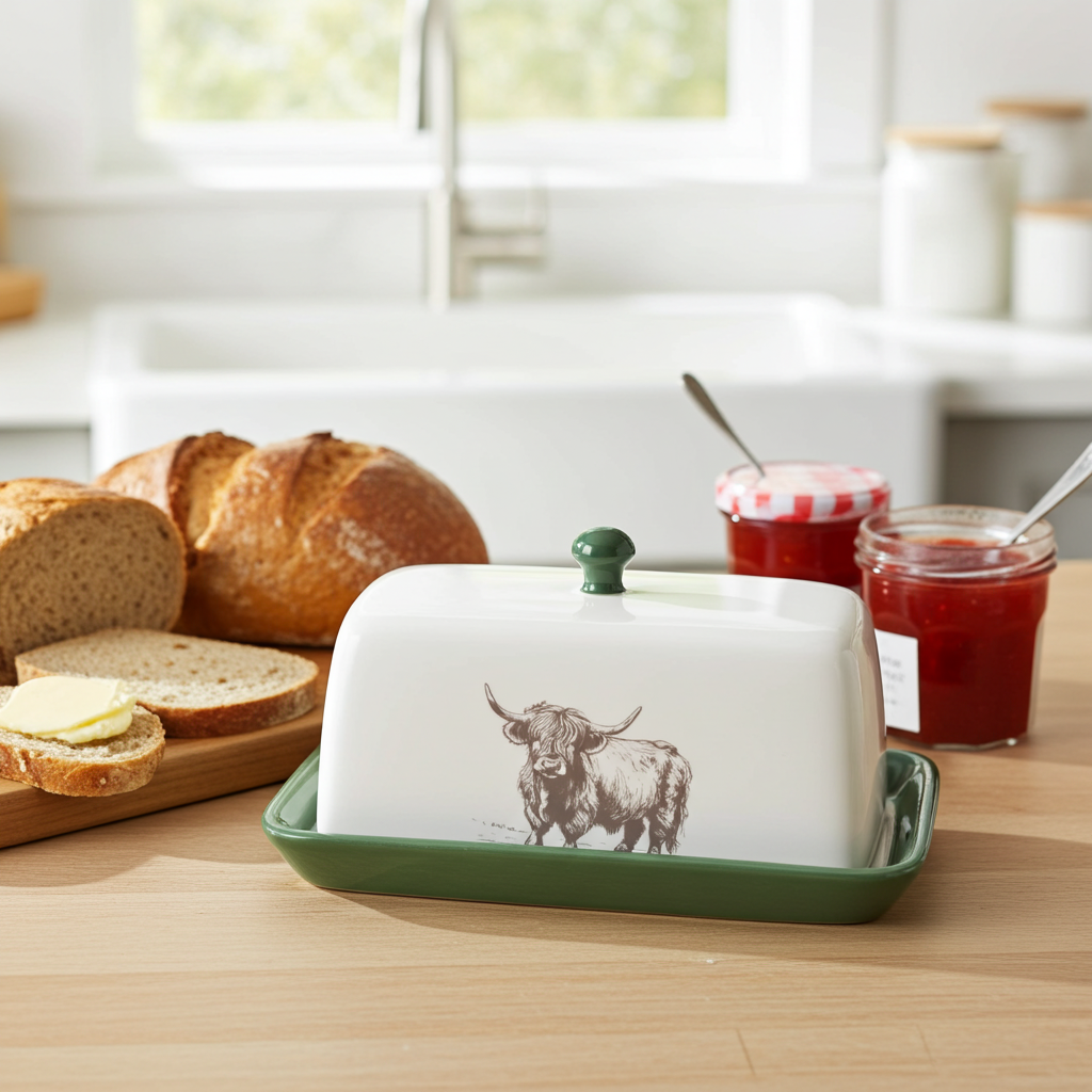 Highland Cow Ceramic Butter Dish with Lid Green Butter Dish - Home Deco London