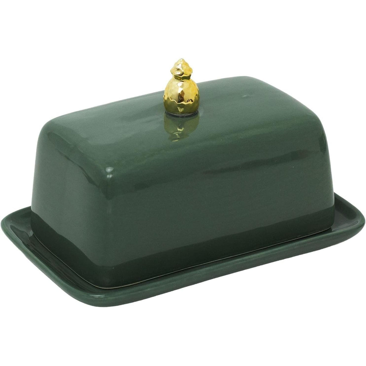 Green butter dish with a gold lid on a white background