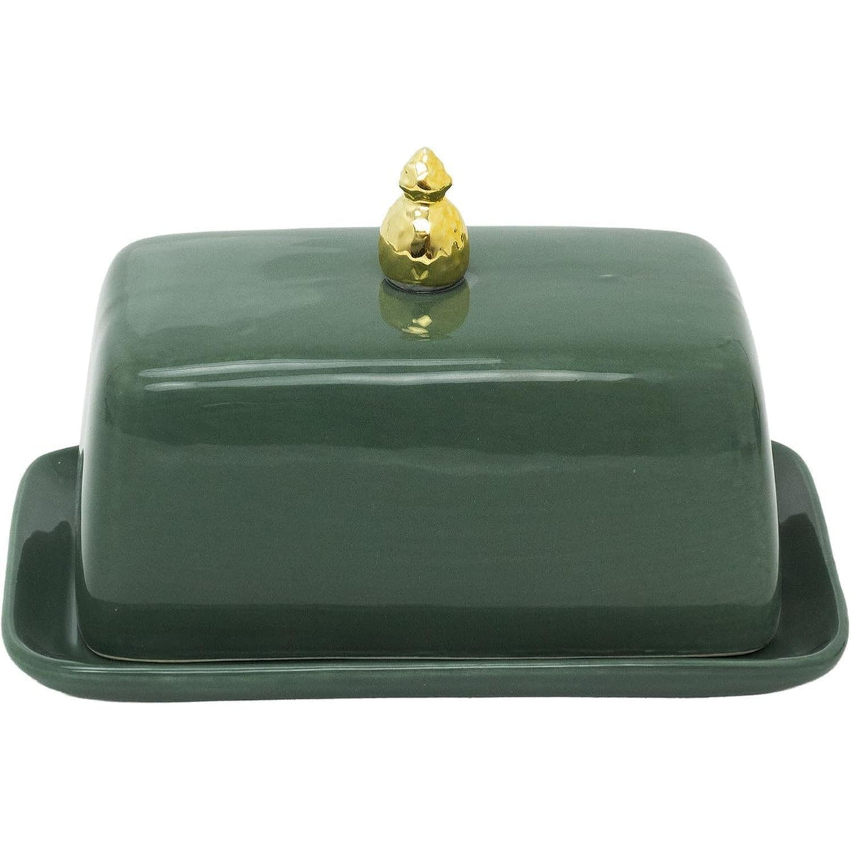Green ceramic butter dish with a gold lid on a white background