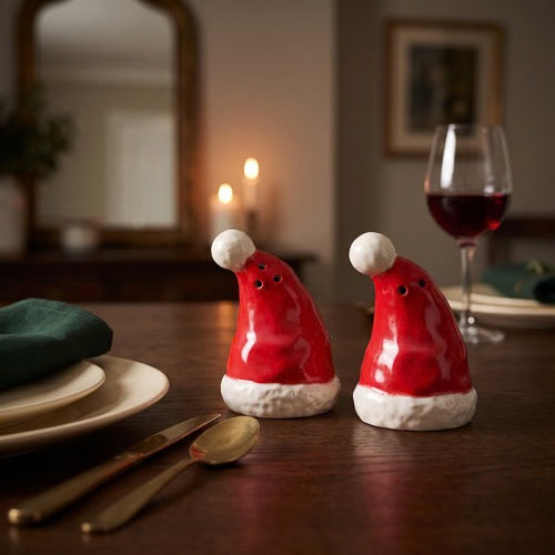 Santa Hat Salt and Pepper Pots Set, Red and White Ceramic