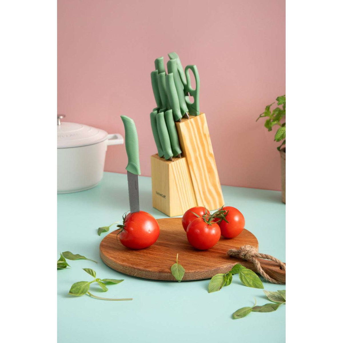 KitchenCraft 14pc Kitchen Knife Block Set with 7 Knives Green - Home Deco London