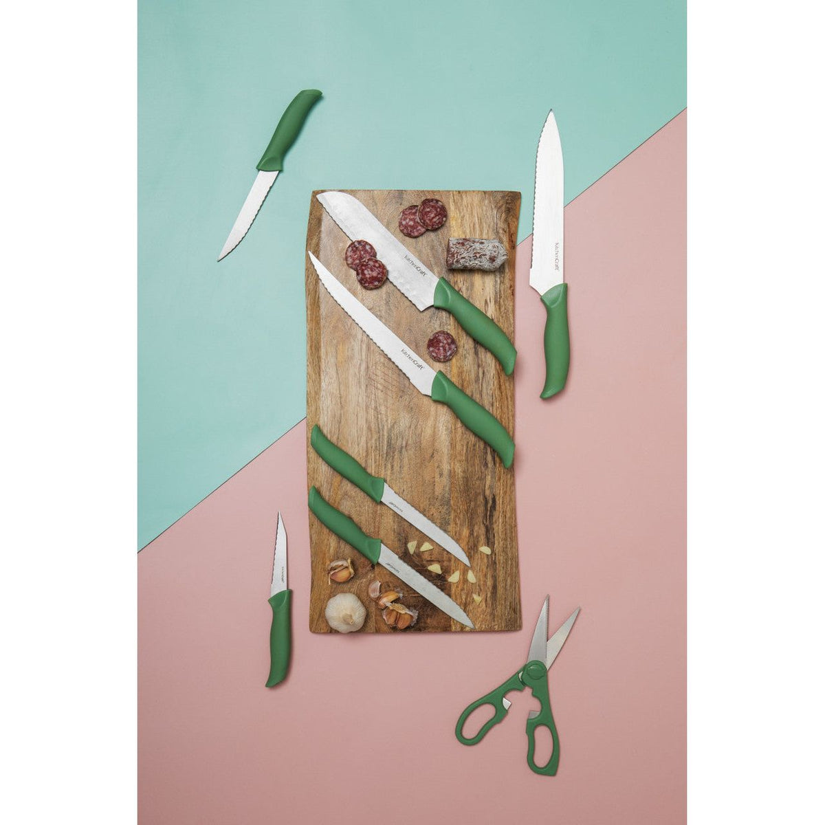KitchenCraft 14pc Kitchen Knife Block Set with 7 Knives Green - Home Deco London