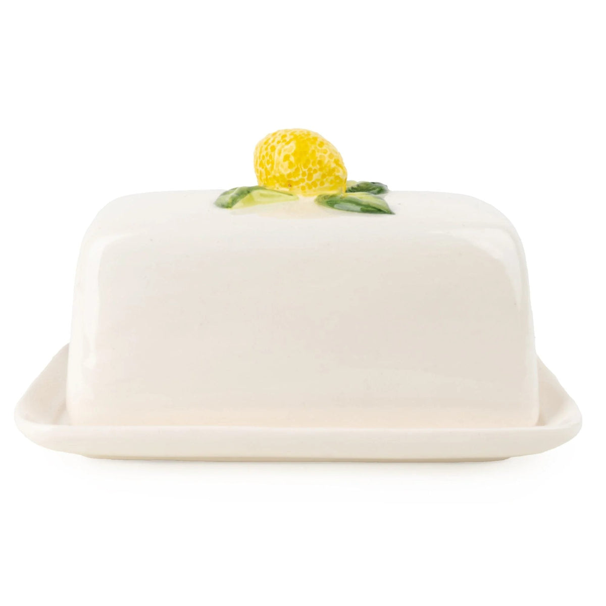 Lemon Ceramic Butter Dish White shown from the front, highlighting the vibrant lemon artwork and smooth white finish.