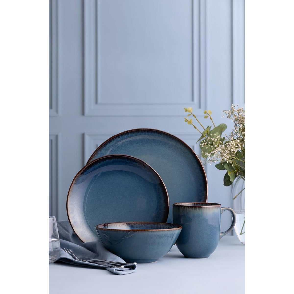 Mason Cash 12-Piece Stoneware Dinner Set in Reactive Blue - Home Deco London