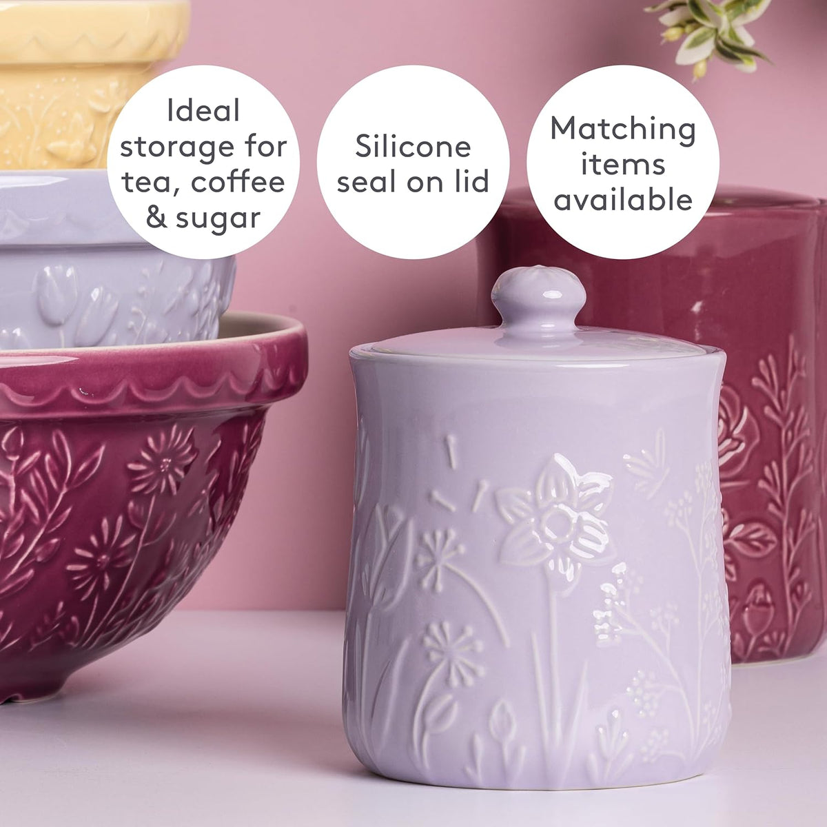 Mason Cash In the Meadow Small Storage Jar 800ml displayed with other kitchenware, highlighting its use as a kitchen storage jar for tea and coffee.