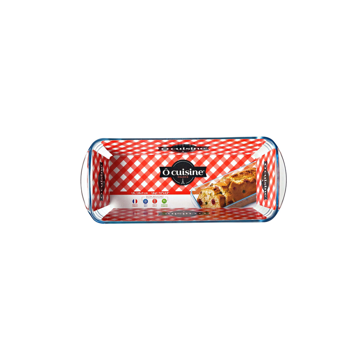 Interior view of the Ôcuisine® Loaf Dishes Glass Baking Bread Dishes featuring a vibrant red and white checkered pattern, perfect for showcasing delicious baked goods in a borosilicate glass baking dish.