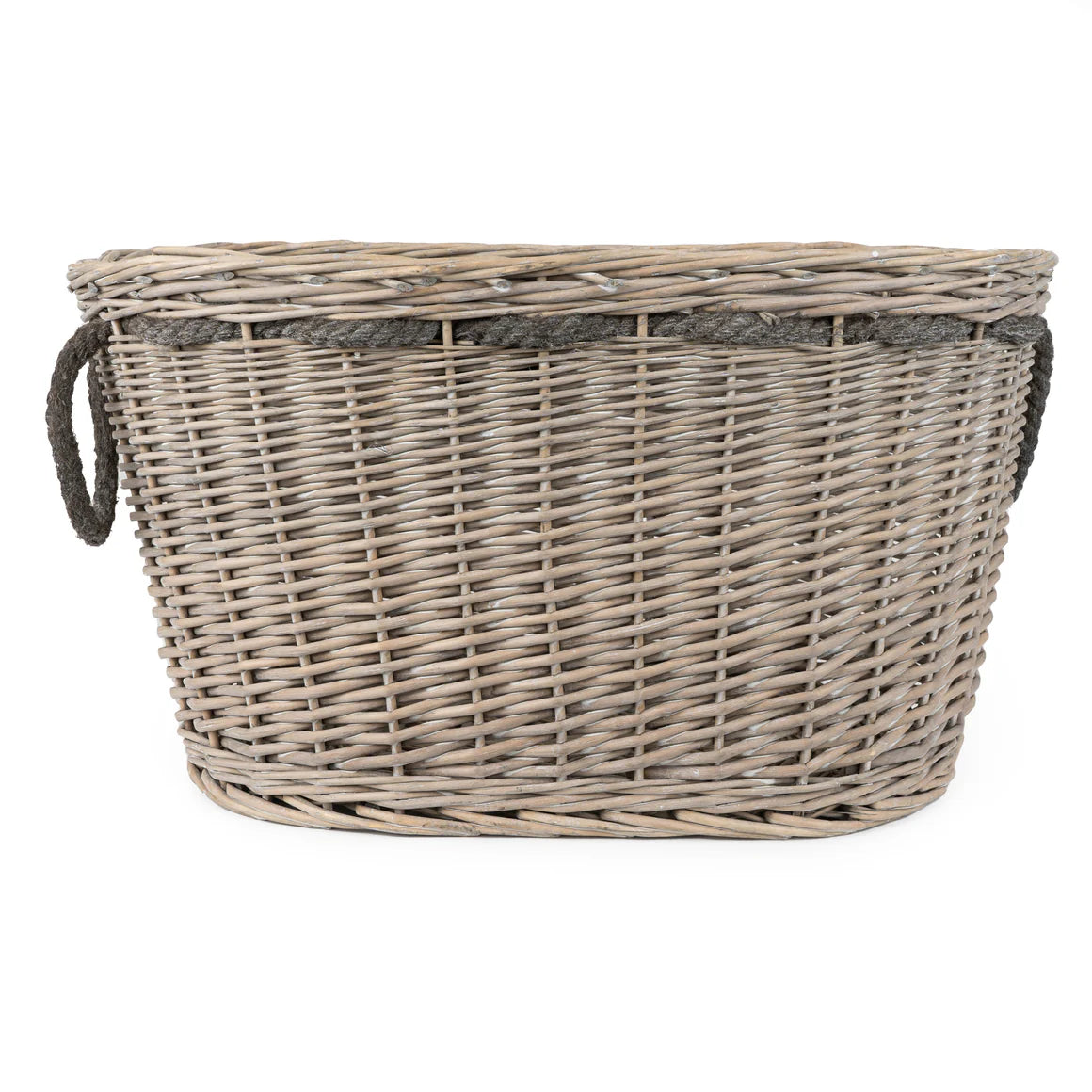 Handcrafted oval log basket in stylish grey, ideal for enhancing your fireplace decor.