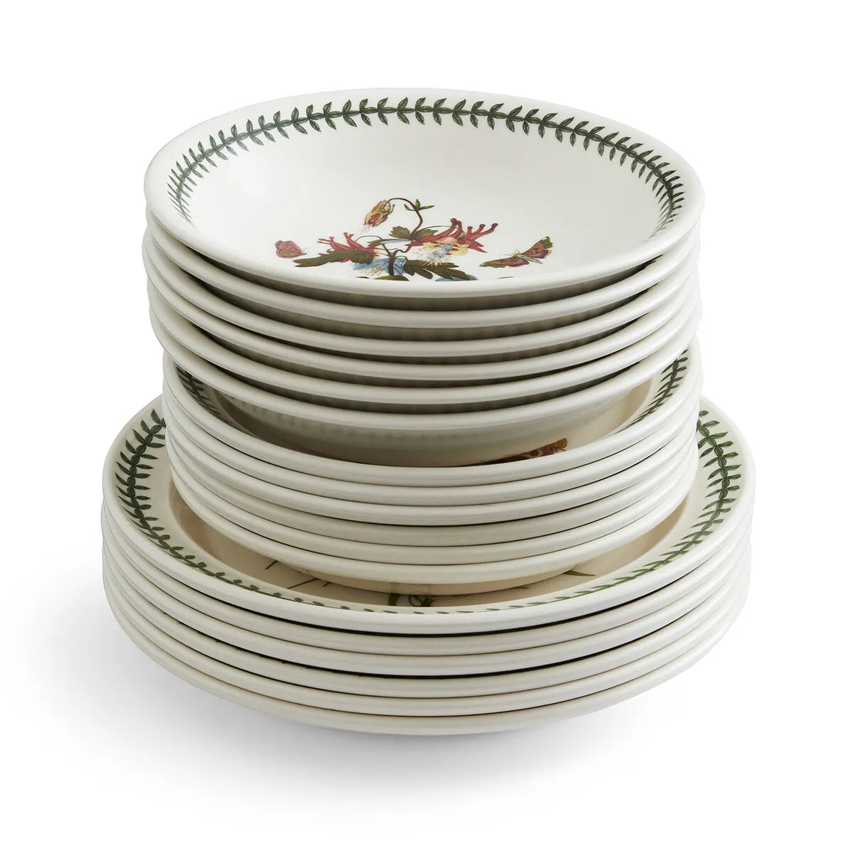 Full set of Portmeirion Botanic Garden 18 Piece Dinnerware Set displayed elegantly, highlighting the charming earthenware pieces for any occasion, embracing the beauty of botanic garden dinnerware.