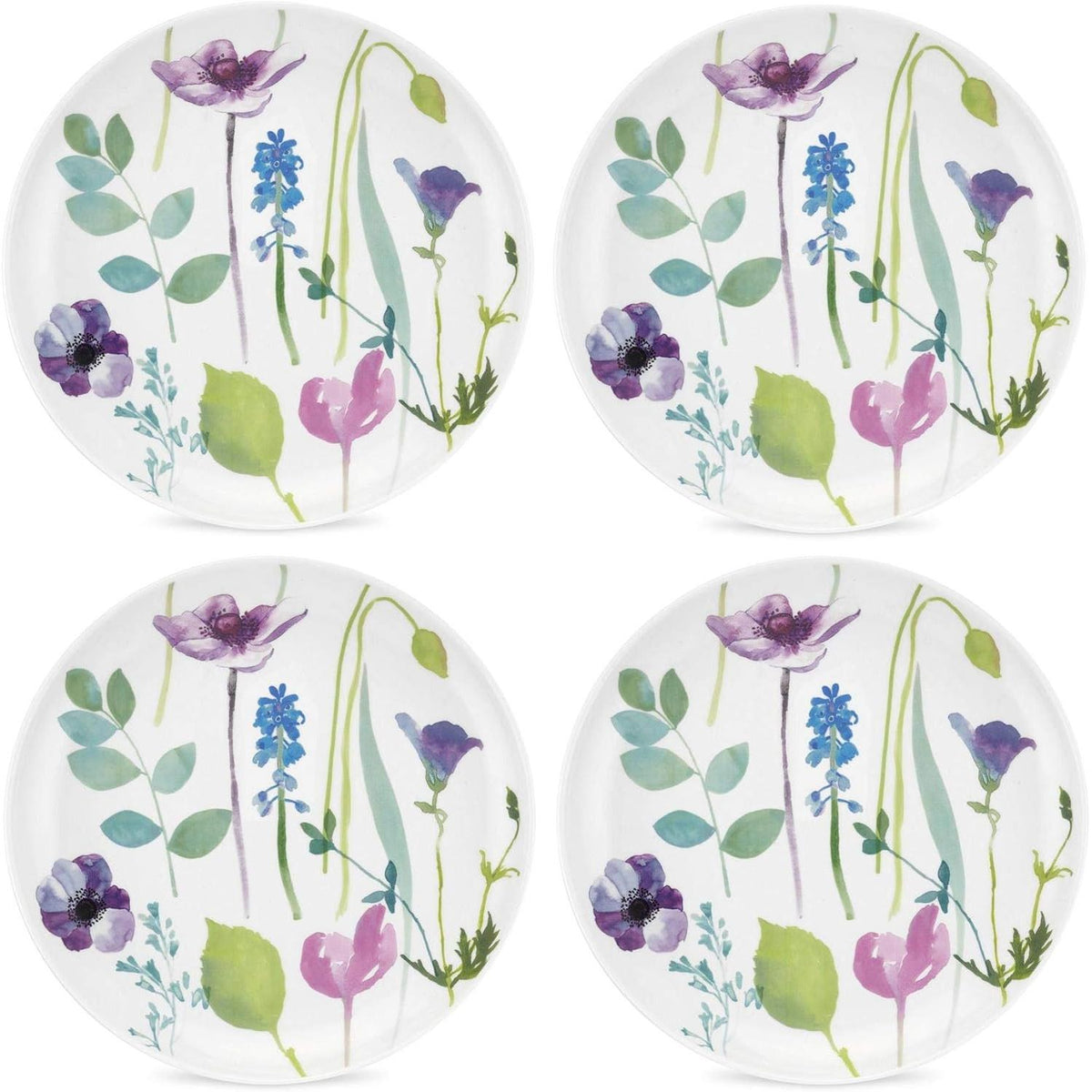 Portmeirion Water Garden Set of 4 Porcelain Side Plates featuring a vibrant watercolour floral design, perfect floral side plates for everyday dining.