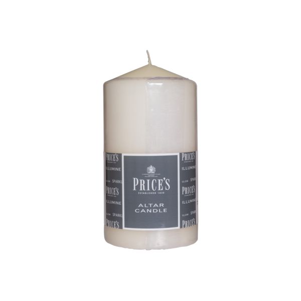 Close-up view of Price's Candles 80x150mm Altar Candle Ivory showcasing its smokeless and non-drip qualities, a great choice for altar candles unscented.