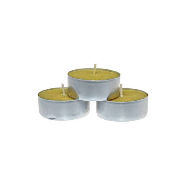 Close-up of Price's Candles Citronella Tealights Pack of 50, showcasing the bright yellow colour of these citronella candle tealights perfect for dining outdoors.