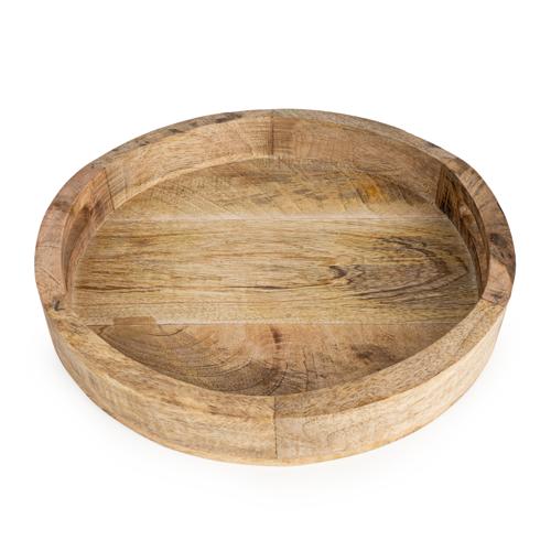 30cm Round tray in natural finish crafted from mango wood, showcasing its versatility as an elegant mango wood serving tray.