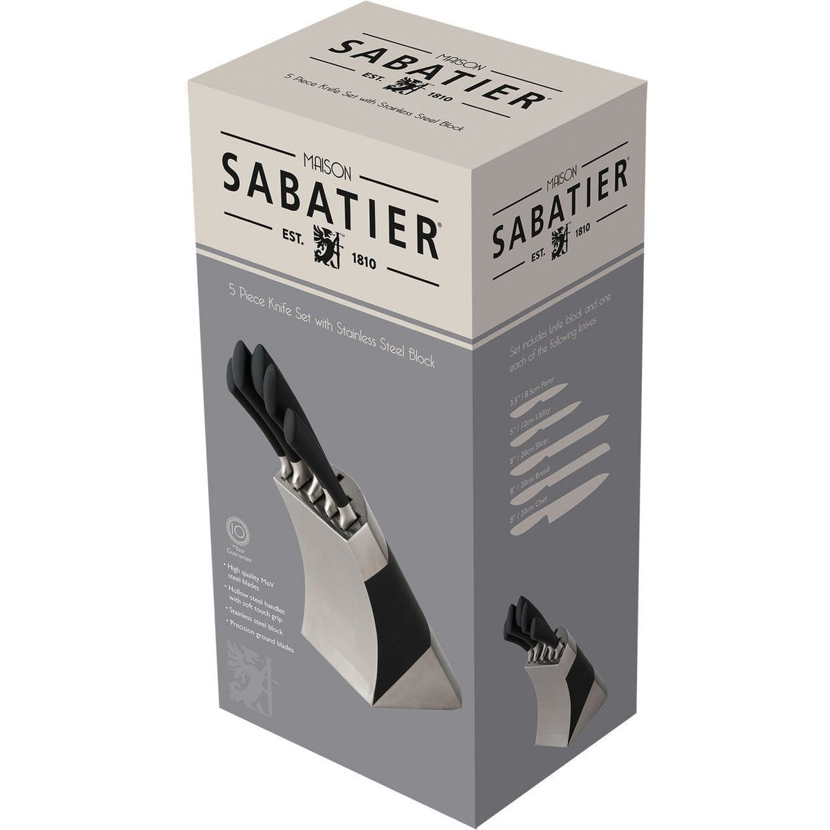 Sabatier Maison 5-Piece Kitchen Knife Block Set with Stainless Steel Block - Home Deco London