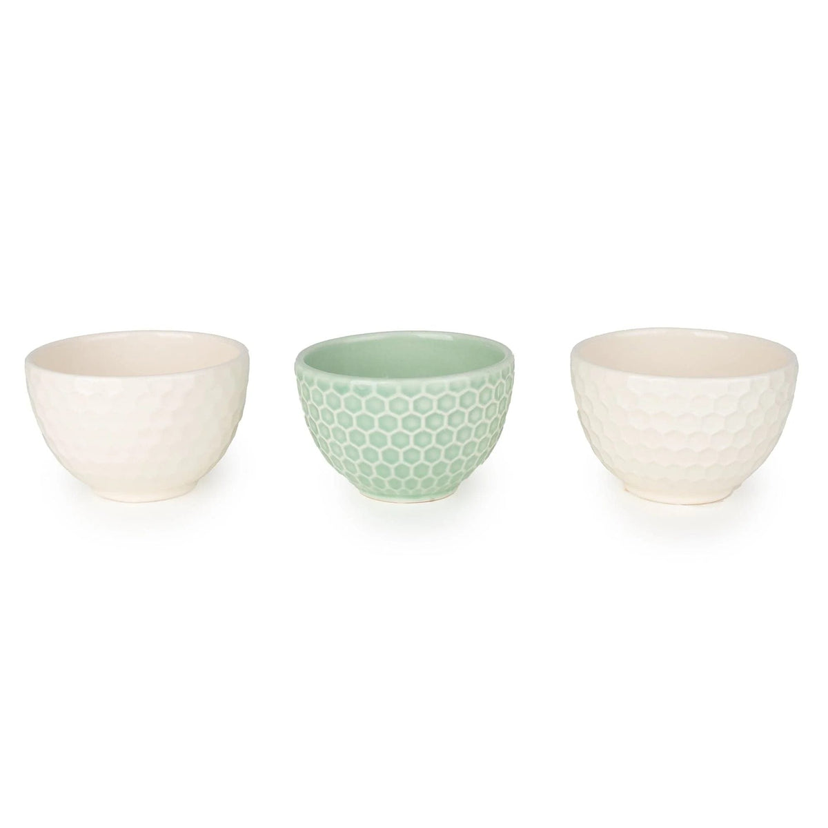 Home Deco London Ceramic Nibble Bowls, Embossed Pattern, Set of 3 in cream and mint green, perfect for serving snacks and dips.