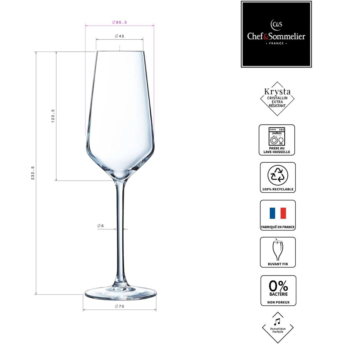 Distinction Cristal D'arques Champagne Flutes Set of 6, 23cl Krysta Crystal Glasses - Home Deco London