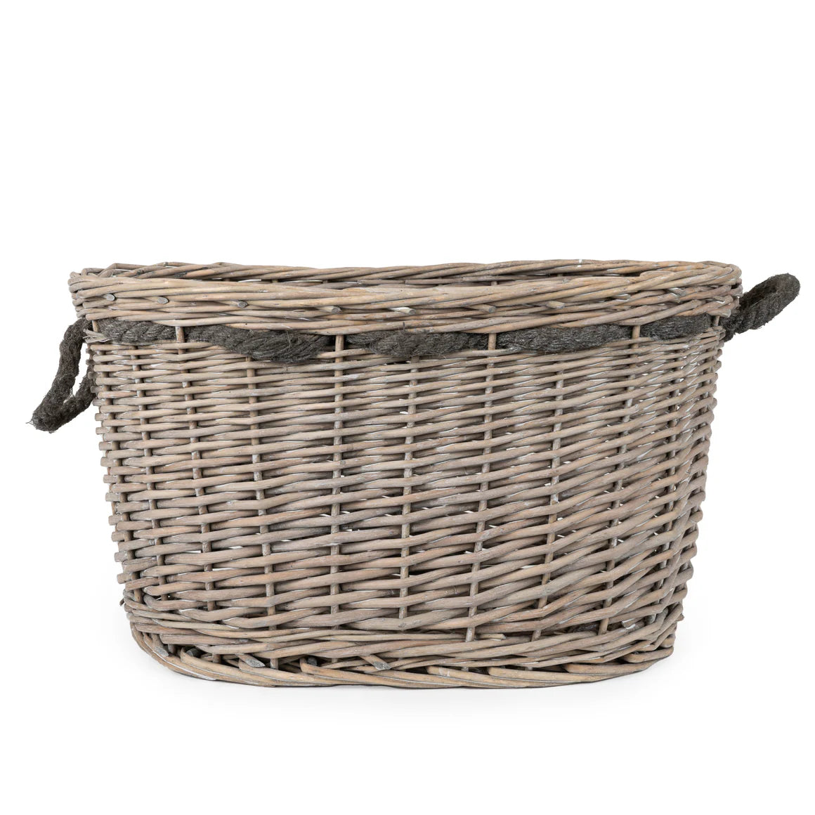Grey Wash Oval Log Basket set showcasing a practical and stylish storage solution for any living room.