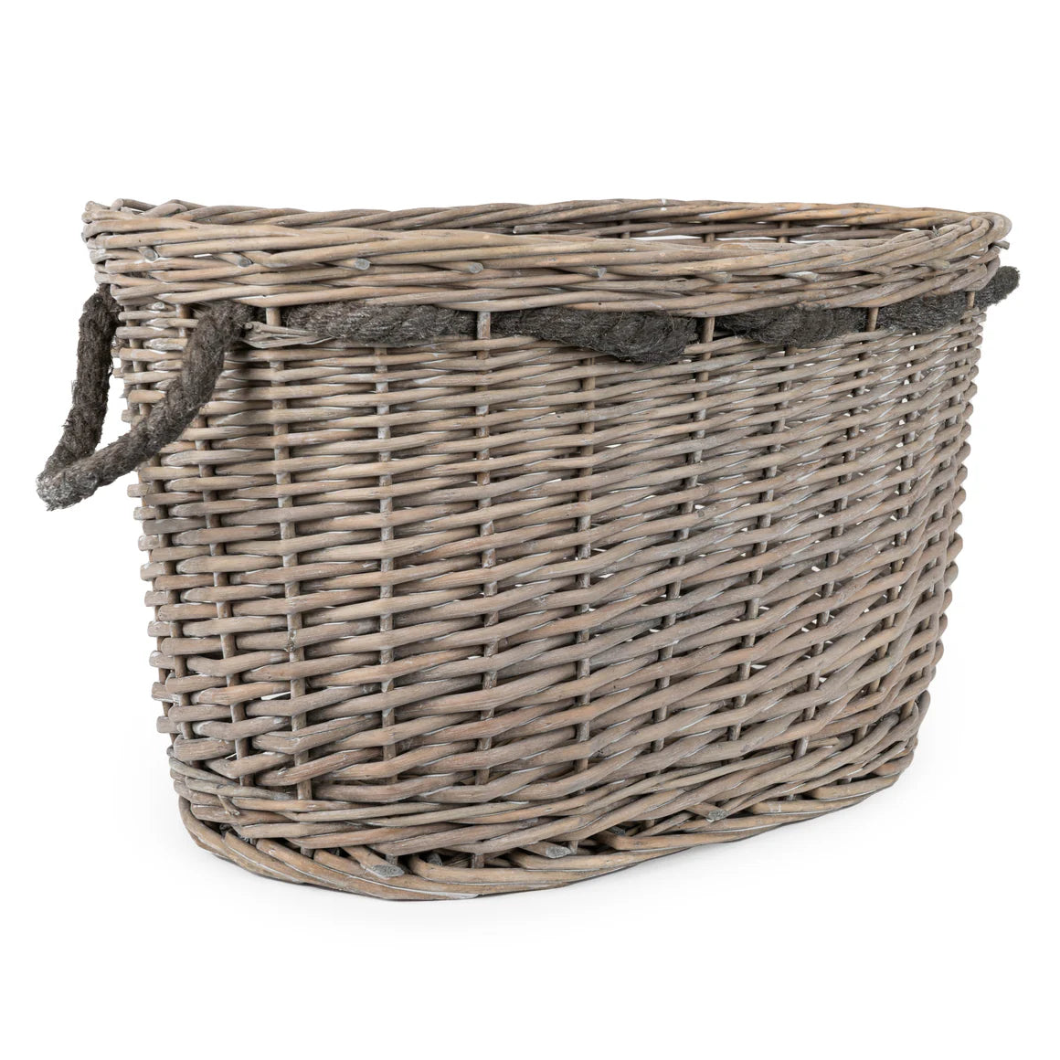 Two Oval Log Baskets in Grey Wash with sturdy handles, perfect for carrying logs or toys around the home.