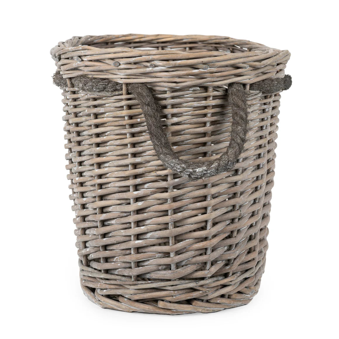 Stylish Oval Log Basket set in a soothing grey wash finish, ideal for adding a vintage touch to your decor.
