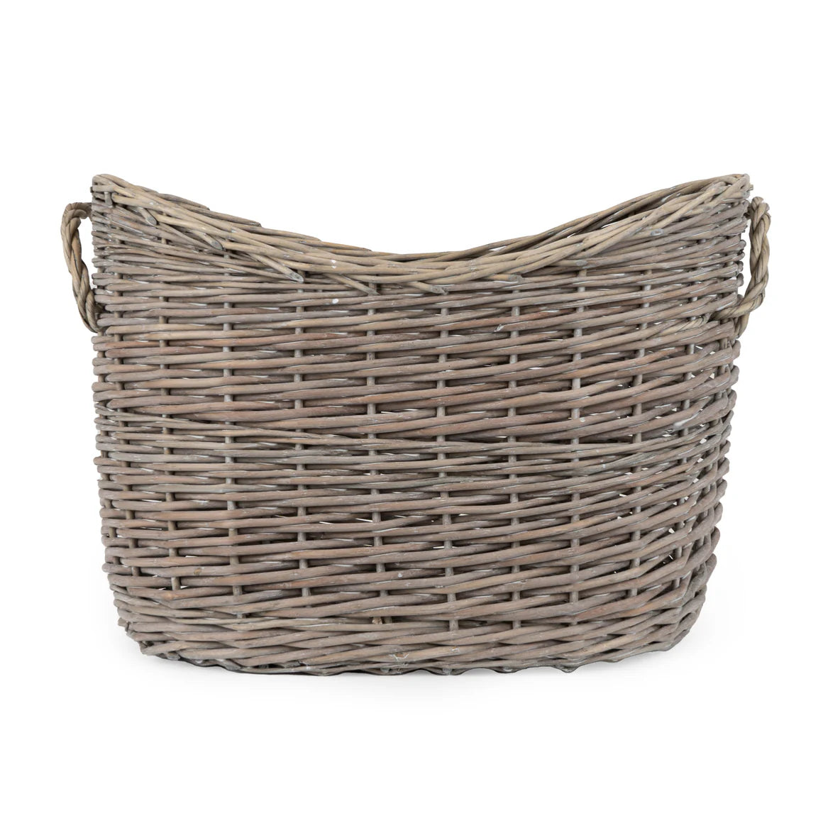Stylish oval scoop wicker log basket filled with logs, ideal for adding charm to your home while keeping firewood organised.