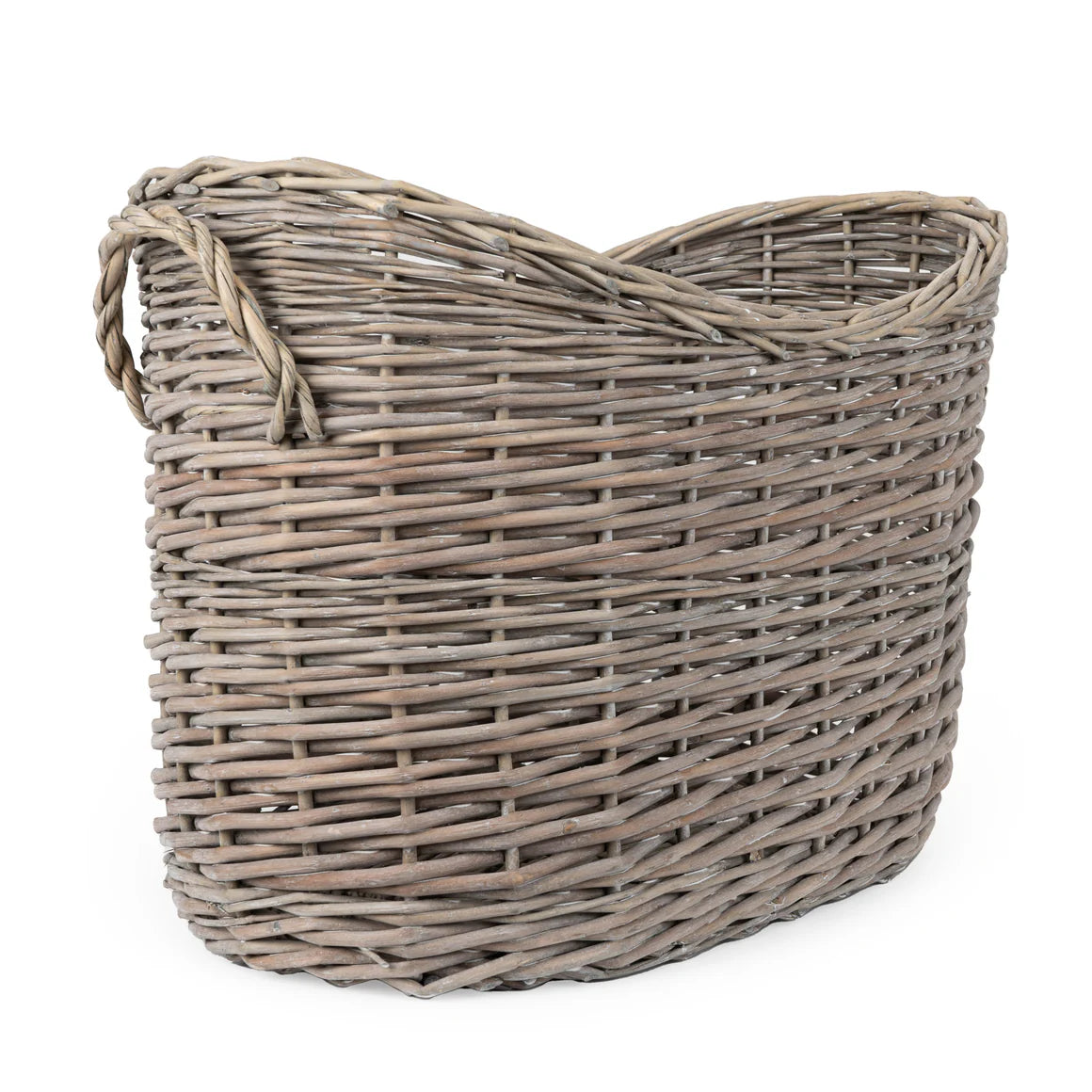 High-quality wicker log basket with an open scoop design, showcasing the practicality and elegance of the oval scoop log basket.